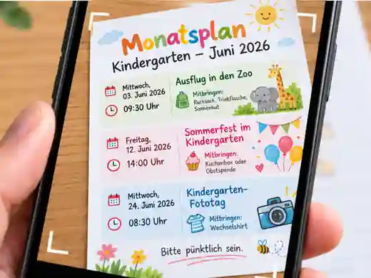 Foto eines Kindergarten-Monatsplans mit drei Terminen, Uhrzeiten und Mitbringen-Hinweisen auf dem Smartphone
