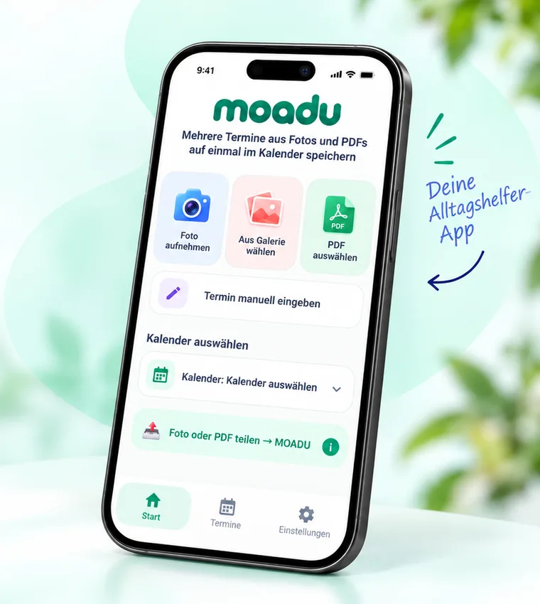 MOADU App als Smartphone-Illustration mit Kamera, Galerie, PDF und Kalenderauswahl